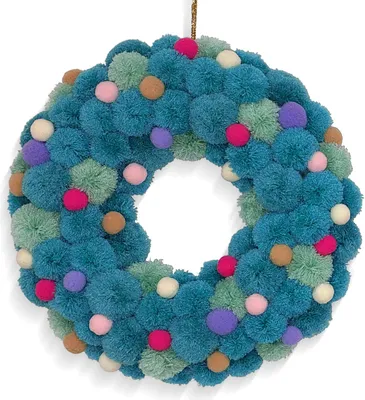 Produktbild von Kranz aus kleinen bunten PomPoms in Türkis, 30 cm Durchmesser