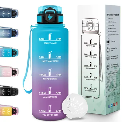Produktbild von Trinkflasche 1.5L auslaufsicher blau-lila, Wasserflasche mit Zeitstempel,