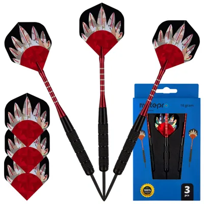 Zdjęcie produktu dla Rzutki Lotki Dart do tarczy sizalowej Matepro, 3 szt, ostre groty steel tips, etui, aluminiowe shafty, dodatkowe shafty nylonowe