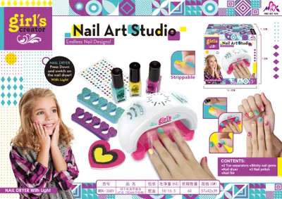 Produktbild von Nagellackierset für Kinder ab 5 Jahren, 8-teiliges Zubehör + interaktiver Trockner + Nagellacke + Strasssteine zur Dekoration