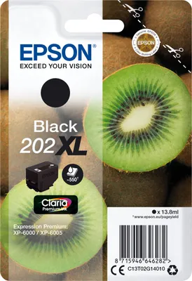 The image shows the packaging of an Epson 202XL black ink cartridge, with a kiwi fruit prominently featured.
