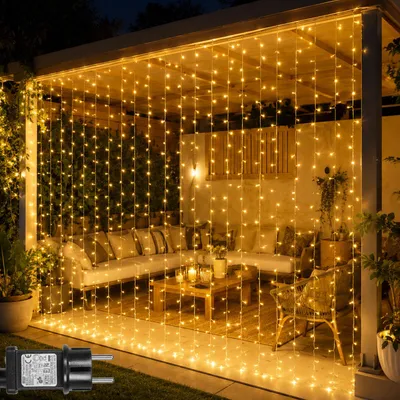 Productafbeelding van LED-lichtgordijn, 3x3 meter, 300 LED's, ijspegels, lichtketting, 8 modi, timerfunctie, geheugenfunctie, geschikt voor kerst, Halloween, feest, bruiloft, decoratie