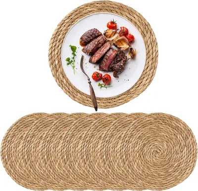 Produktbild von 8-teiliges Set runder Tischsets aus Wasserhyazinthe, 30 cm, handgefertigte Boho Platzsets, abwaschbar, für Esstische und Telleruntersetzer