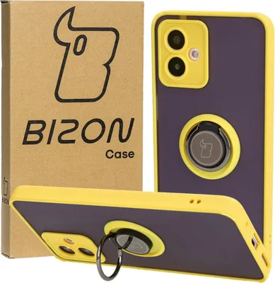 Produktbild von Bizon Case Hybrid Ring Fingerringhülle für Motorola Moto G14, Rauch mit gelbem Rahmen