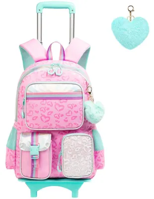 Image de Sacs à dos à roulettes pour filles, sac à dos trolley, modèle cœur rose, ensemble comprenant une trousse de déjeuner et une trousse à crayons