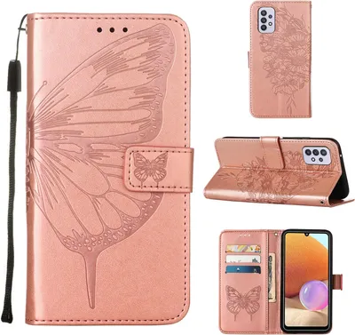 Obrázek produktu pro Galaxy A32 5G Pouzdro, Motýlí Reliéf Flip Kožené Pouzdro s Kapsami na Karty a Stojánkem pro Samsung Galaxy A32 5G Růžové zlato
