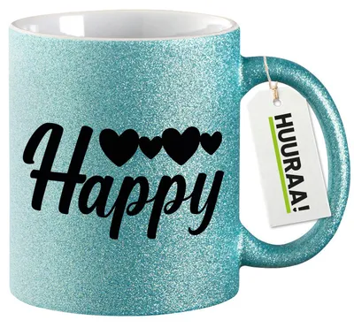 Produktbild von Huuraa Glitzertasse Happy Herzen 330ml Blau Keramik Kaffeebecher Geschenkidee