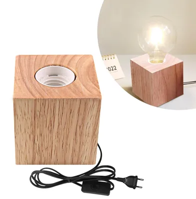 Image de Lampe de table cubique en bois, douille E27, idéale pour une chambre, un salon ou un bureau (ampoule non incluse)