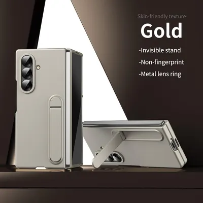 A gold-colored phone case with an integrated stand is displayed, along with text highlighting its features.