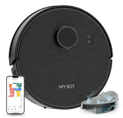 A black robot vacuum cleaner is shown from a top-down perspective, with a smartphone displaying a cleaning map and a water tank accessory next to it.
