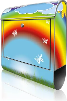 Produktbild von banjado Design Briefkasten Stahl silber mit Zeitungsfach pulverbeschichtet "Regenbogen" 38x46x12,5cm & 2 Schlüssel - Postkasten A4 Einwurf inkl. Montagematerial [BK 10232]