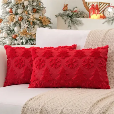 2 Kissenbezüge 40x60 cm, Kunstfell, Weihnachtsbaum, rot