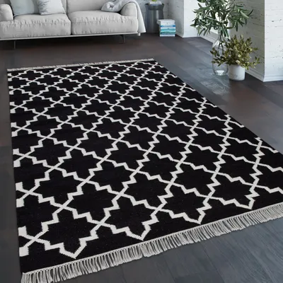 Produktbild von Teppich Wohnzimmer Marokkanisches Muster Fransen Handgewebt Wolle Schwarz Weiß Grösse 60x110 cm