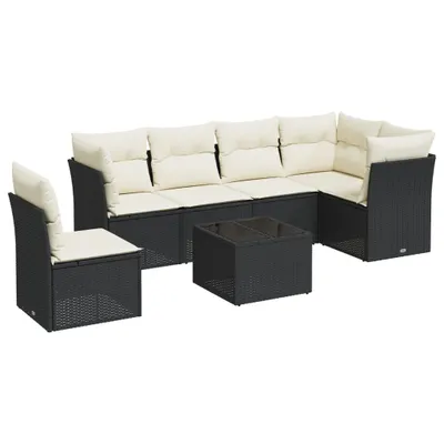 Produktbild von Modulare Garten-Lounge-Sofa-Garnitur, 7-teilig, mit Stauraum, Poly Rattan Schwarz, Hartglas-Tisch, Cremeweiße Kissen, UV-beständig