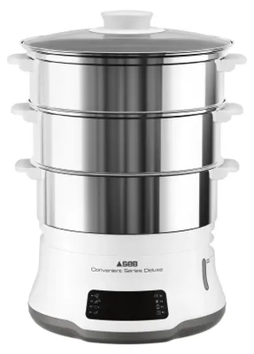 Produktbild von Tefal Convenient Series Deluxe Dampfgarer VC502D, 3 Korb/Körbe, Edelstahl, Weiß, Arbeitsplatte, Berührung, Vorderseite, Edelstahl