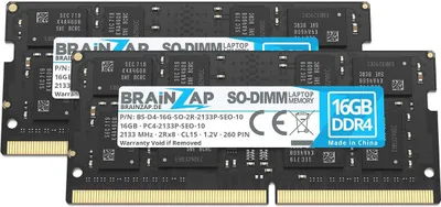 Zdjęcie produktu dla BRAINZAP 32GB (2x16GB) DDR4 2133MHz PC4-2133P-SEO-10 SO-DIMM CL15 2Rx8 1.2V, pamięć RAM bez bufora, nieekorowana, przeznaczona do laptopów i notebooków