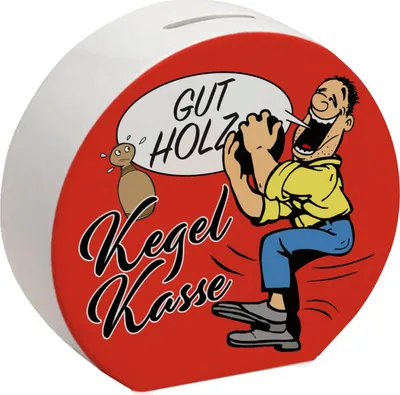 Produktbild von Kegelkasse Spardose Gut Holz in rot mit lustigem Kegelspieler Motiv