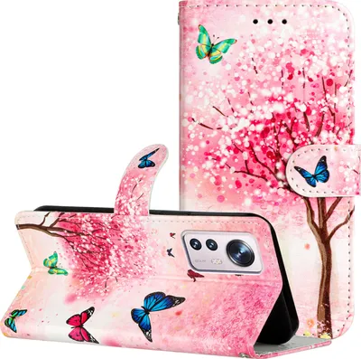 Produktbild von CLM-Tech Hülle kompatibel mit Xiaomi 12 Lite - Tasche aus Kunstleder - Klapphülle mit Ständer und Kartenfächern, rosa Baum und Schmetterlinge