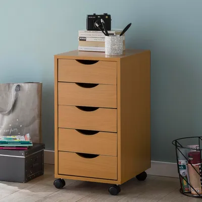 Immagine prodotto di FineBuy Cassettiera con rotelle per bambini in faggio 33 x 64 x 38 cm in legno, 5 cassetti. Cassettiera moderna con rotelle, cassettiera da terra, cassettiera da ufficio, carrello con rotelle