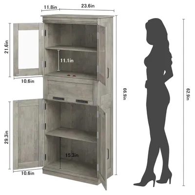 Zdjęcie produktu dla Drewniana szafka do przechowywania – wolnostojąca szafka wysoka – 4 drzwi, 1 szuflada – regulowane półki – 60 x 30 x 170 cm – szara