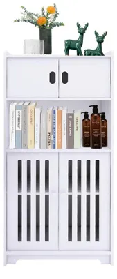 Produktbild von Badschrank - Aufbewahrungsschrank mit 1 offenem Fach und 4 Türen - Kunststoff - Platzsparend 75x36x22 cm - Weiß