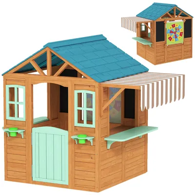 Produktbild von Outdoor Kinderspielhaus mit Verkaufstheke Pflanzenkasten Kreidetafel Zieltuch 4 Ball 142 x 120 x 141,5 cm Mehrfarbig