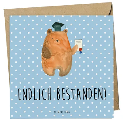 Produktbild von Mr. & Mrs. Panda Glückwunschkarte Bär Prüfung - Blau Pastell - Geschenk, faltkarte, Klappkarte, Grußkarte, Abschlusszeugnis, Zeugnis, doppelkarte, Teddybär, Abitur