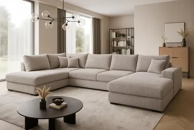 Produktbild von Ecksofa FABIO 328x182 cm mit Schlaffunktion, Bonellfederkern und Bettkasten, Farbe Creme