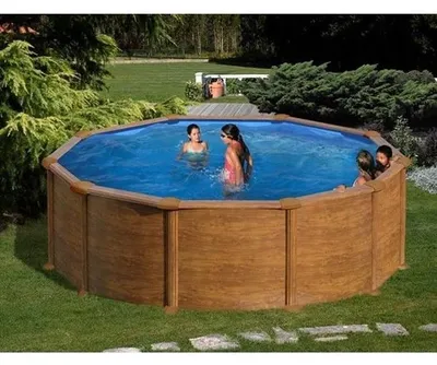 Produktbild von Stahlwandpool Holzoptik, Ø480 x H132 cm, Mit Sandfilteranlage, Sicherheitsleiter