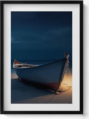 Produktbild von Boot auf einer Strandbirke bei Nacht– Wandbild mit Rahmen – Gerahmtes Bild  – Wanddekoration – 50x70 cm –  Schwarz Rahmen