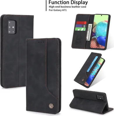 Produktbild von Galaxy A71 Hülle, LaimTop Retro Kunstledertasche Schutzhülle mit Kartenfach Standfunktion für Samsung Galaxy A71 Schwarz