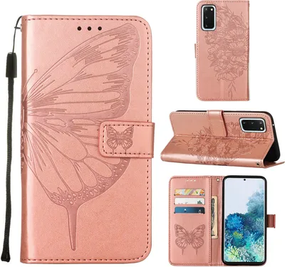 Produktbild von Galaxy S20 Hülle, Schmetterling Prägung Flip Leder Kartenfächer Schutzhülle Ledertasche mit Ständer für Samsung Galaxy S20 Roségold
