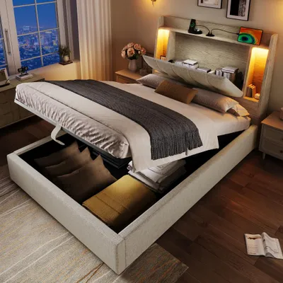 Produktbild von Polsterbett mit LED-Beleuchtung und USB-C, multifunktionalem Aufbewahrungsfach & Flip-Top, App/Knopf-Steuerung, ohne Matratze, 90x200 cm, Beige