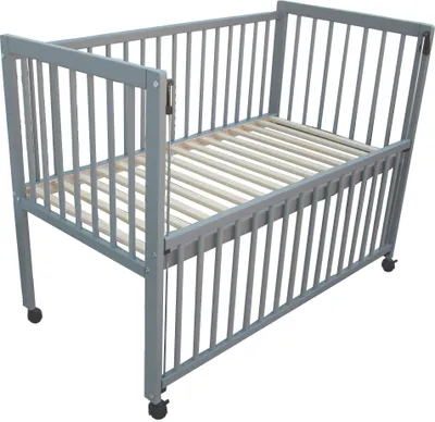 A gray baby crib with a wooden slatted base, shown from a diagonal angle against a white background.