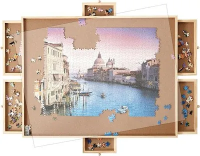 Produktbild von FlinQ Puzzlebrett drehbar mit Aufbewahrungssystem – 6 Schubladen & Sortierfächer – Für 1500 Teile – Holz 89x68,7x4 cm