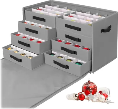 Productafbeelding van Relaxdays kerstbal opbergdoos, voor 128 ballen, afmetingen (hoogte x breedte x diepte): 40 x 73 x 36,5 cm, polyester, karton, kerstbaldoos, grijs