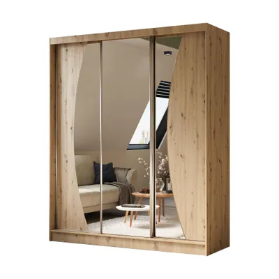Produktbild von Schwebetürenschrank VOX 180 cm – Kleiderschrank mit Schubkasteneinsätze, Spiegel & Schiebetüren (Eiche Artisan)