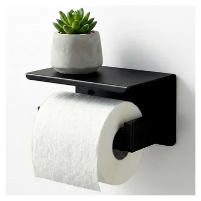 Produktbild von Toilettenpapierhalter mit Ablage aus Edelstahl, zur Wandmontage, Klebe- oder Schraubmontage, Mattschwarz