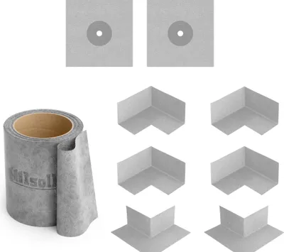 Immagine prodotto di Isolbau 209G - Kit di sigillatura per interni ed esterni, comprensivo di 10 metri di nastro sigillante, 4 angoli interni, 2 angoli esterni e 2 guarnizioni per pareti, per sigillare docce, bagni, cucine e pareti, garantendo impermeabilità