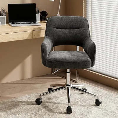Imagen del producto de Silla de escritorio giratoria, con ajuste de altura de 10 cm, silla de escritorio con ruedas y reposabrazos, rotación de 360°, capacidad de carga de hasta 125 kg, ideal para oficina, teletrabajo, salón y tocador, color gris oscuro