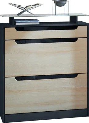 Produktbild von Vladon Schuhschrank Fiesta, Schwarz matt/Eiche sägerau/Schwarz Hochglanz - Schuhkipper für 16 Paar Schuhe (89 x 104 x 23 cm)