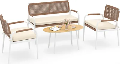 Immagine prodotto di Set di mobili da giardino in polyrattan COSTWAY, mobili da esterno, mobili da balcone, set di sedute con 2 sedie, panca, tavolo e cuscini, mobili da terrazza, set da giardino