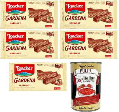 Produktbild von 5x Loacker Wafer Gardena Hazelnut Duftende Waffeln mit Haselnusscreme,umhüllt von Milchschokolade 136g + Italian Gourmet Polpa di Pomodoro 400g Dose