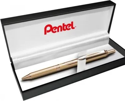 A gold Pentel pen is displayed in its black presentation box.