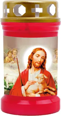Produktbild von Grabkerze Rot, Brenndauer: 40 Stunden, Motiv: Jesus mit Lamm