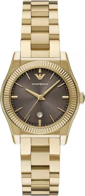A close-up, front-facing studio shot of a gold Emporio Armani women's watch with a brown dial.