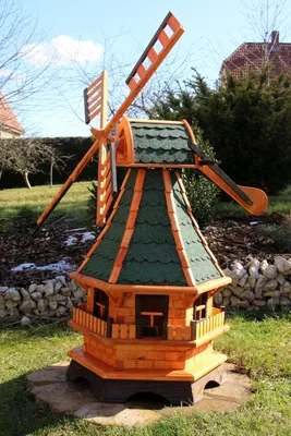 Image de Moulin à vent hollandais XL en bois pour jardin – 130 cm – ailes pivotantes – toit en bardeaux bitumés verts