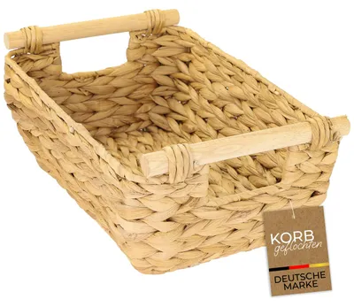 Produktbild von HMF Aufbewahrungskorb geflochten aus Wasserhyazinthe, dekorativer Korb mit Holzgriffen zur Aufbewahrung für Badezimmer, Wohnzimmer, Küche, 32 x 22 x 12 cm, Naturfarben, KI-generiertes Bild
