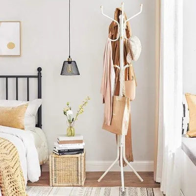 Immagine prodotto di Portaabiti Unyqoos® da 182 cm – robusto appendiabiti in metallo, con 12 ganci, diametro 44 cm, bianco, con imbottiture e tappi in plastica