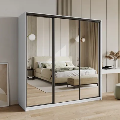 Produktbild von Masseno Schiebetürenschrank RIEN 200/205/60 cm Kleiderschrank mit Schubladen Schlafzimmer Schrank 3-türig mit Spiegel Weiß + Schwarz